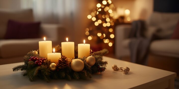 Medium shot of an advent wreath with the first candle lit, placed on a coffee table in a living room decorated for the holidays.