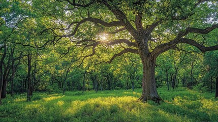 Obraz premium Lush green tree with sunlight filtering through leaves in serene forest setting.