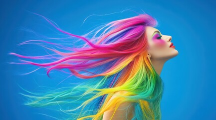 A vibrant image of a woman with flowing, rainbow-colored hair against a bright blue background, creating a sense of movement and whimsy.