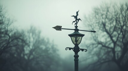 A low-angle view of the weather vane spinning in the wind, showing the direction clearly. The background is softly blurred for depth.