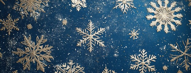 Golden snowflake illustrations on festive abstract background.