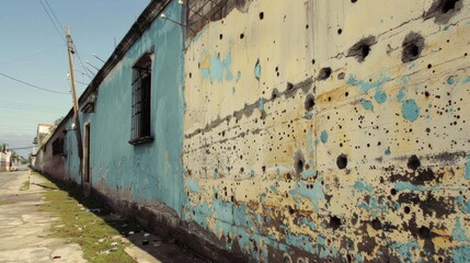 Wall Riddled with Bullet Holes Near the Border Area