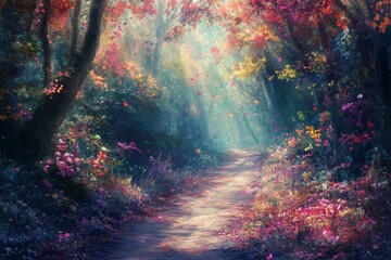Fototapeta premium Enchanted woodland path with colorful foliage and dappled sunlight. Magical atmosphere filled with wonder and exploration among nature's beauty