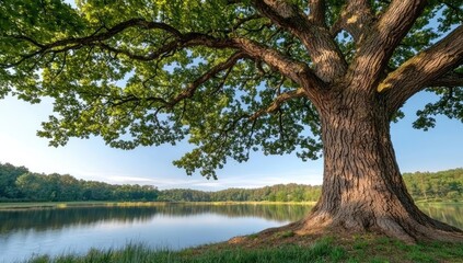 Majestic tree by a tranquil lake under a clear blue sky.