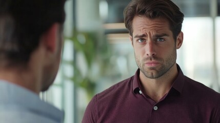 displeased man in a maroon shirt actively talking with a colleague in a modern office, soft daylight