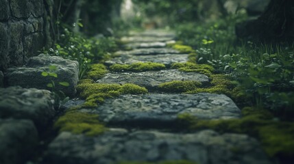 Naklejka premium Rustic stone path in an old garden, green moss and vines covering stones, mysterious and enchanted, calm and secluded, natural beauty.