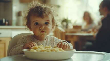 toddler with messy hair eating mashed potatoes at a high chair in a bright kitchen with family members in the blurred background under natural light