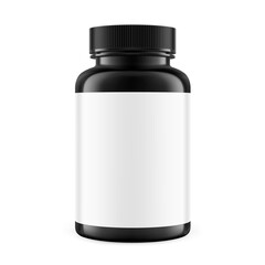 Plastic black packer pill bottle mockup with label for treats, vitamins, supplements isolated on white background. Vector illustration. ready for your design. EPS10.