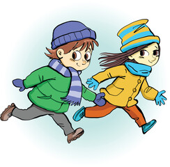 couple of children are happily running in winter suits.eps
