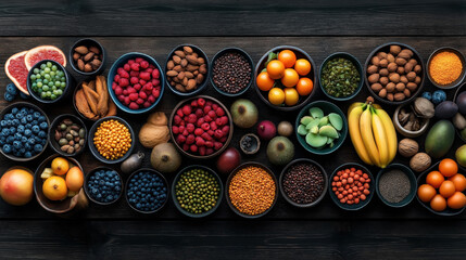 Fototapeta premium Top view of a variety of fresh fruits, nuts, and legumes in bowls on a dark wooden surface, including raspberries, blueberries, almonds, bananas, and citrus fruits.