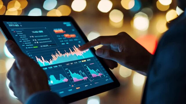 A person is using a tablet to look at financial data