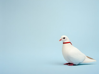 A single white dove with a tiny red ribbon around its neck, against a pale blue background, symbolizing peace during the holidays. A dove representing peace.


