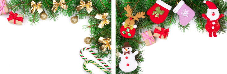 Christmas background decorated isolated on white with copy space for your text. Top view.