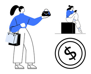 Woman holding shopping bags and examining handbag, another woman sitting with a tablet, prominent dollar sign below. Ideal for e-commerce, shopping, mobile apps, fashion, retail, economic