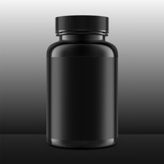 Plastic black packer pill bottle mockup with black label for treats, vitamins, supplements on gradient background. Vector illustration. ready for your design. EPS10.