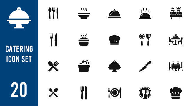Catering icon set, Fork, spoon, knife, plate, chef hat, and cloche or tray icon,  Restaurant sign and symbol. Vector illustration.