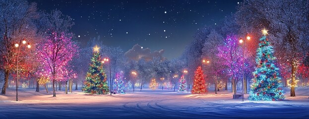Obraz premium Park with Christmas lights and snow-covered trees at night.