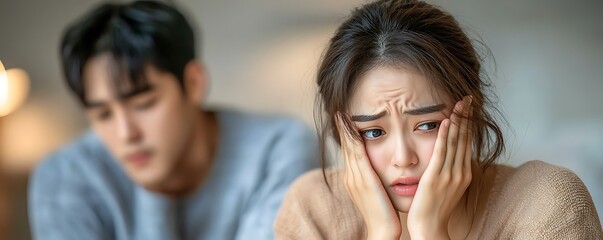 A young Asian woman sits with her head bowed and hands covering her face as she sits in a separate corner of the room from her husband