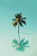 A palm tree is standing in the water, with its reflection visible in the water. The image has a calm and serene mood, with the palm tree being the focal point of the scene