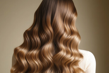 Fototapeta premium Elegant long glossy hair with curls in studio setting for beauty and fashion inspiration