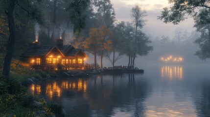 Fototapeta premium A serene lakeside cabin illuminated in the misty evening.