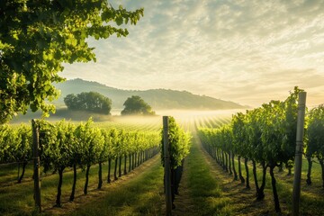 Fototapeta premium Early morning fog over vineyard rows creating a serene landscape for agricultural inspiration