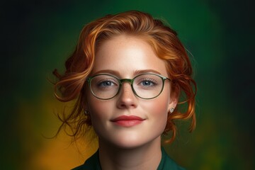 Obraz premium The young woman with curly red hair and glasses shows a calm expression against a bright, colorful backdrop