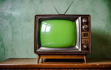 Vintage Television Set with Green Screen on Wooden Table