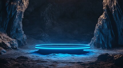 Podium highlight marketing, A futuristic glowing platform in a cave setting.