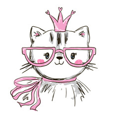 Hand drawn cute cat with crown in glasses. Vector illustration in cartoon style.