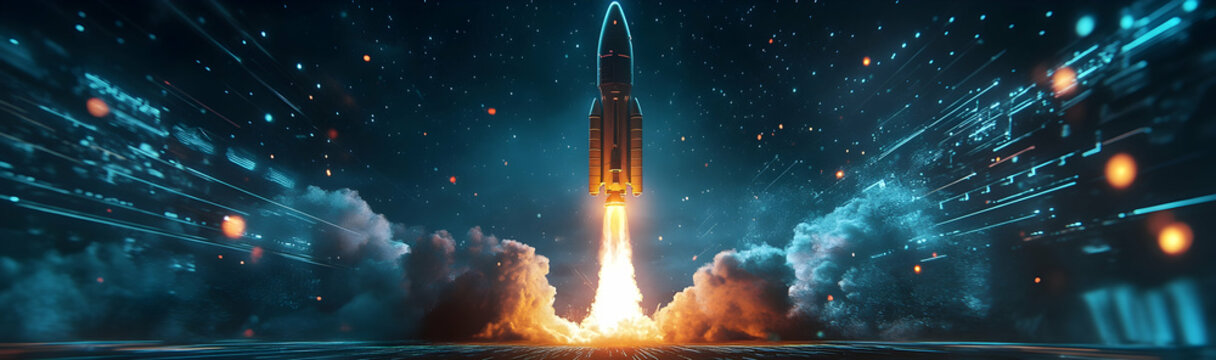 Futuristic digital concept of a holographic rocket launch.