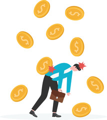 A pile of falling gold coins hit the businessman holding his head

