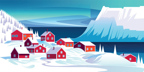 Winter season landscape with Scandinavian red cottages in the first plan and icebergs, Arctic Ocean and polar lights in the background. Trendy handmade drawing vector illustration.