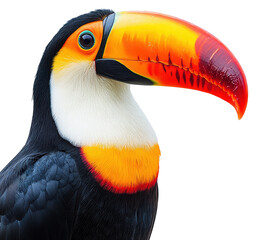 A colorful bird with a black beak and orange and white feathers. The bird is looking directly at the camera