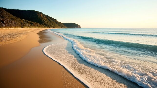 Scenic view of a pristine sandy beach with gentle waves lapping the shore and lush green hills in the background during a sunny day