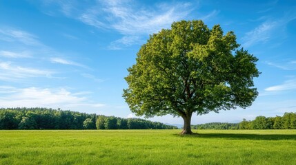 Lush green tree standing alone in a vibrant meadow under a clear blue sky.