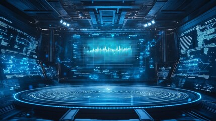 Futuristic digital interface with data visualization and holographic elements.