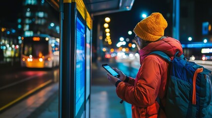 backpacker checking a bus schedule on their smartphone near a colorful city bus stop