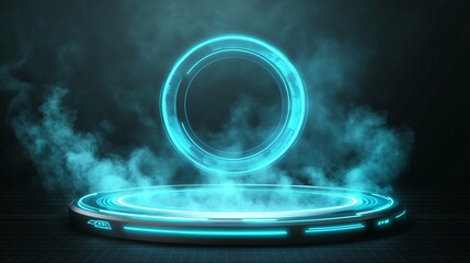 Podium highlight marketing, Futuristic glowing portal with smoke effects on a dark background.