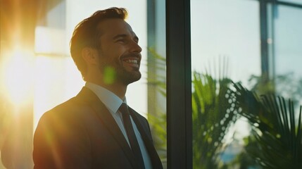 Fototapeta premium man in business attire standing in front of a glass wall, smiling and talking with a colleague in a bright office with daylight