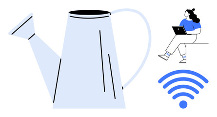 Large watering can with handle and spout, person working on laptop, wireless symbol. Ideal for topics on growth, connectivity, remote work, technology, digital education, internet access, online