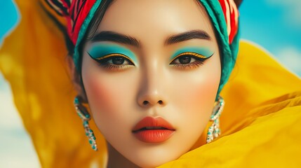 Naklejka premium A vibrant portrait of a woman with bold makeup and colorful accessories against a bright background.