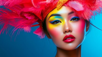 A vibrant portrait showcasing bold makeup and a colorful feathered headpiece against a blue background.