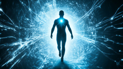 human silhouette with energy lines or light beams emanating from the core as if they are the source of power