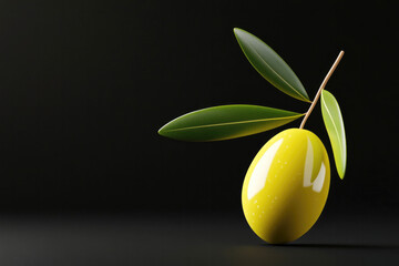 Close-up of single olive with leaves on dark background, reflecting purity and the essence of Mediterranean diet..