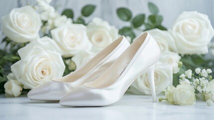 Obraz premium ballerina pointe shoes on a white table with white roses