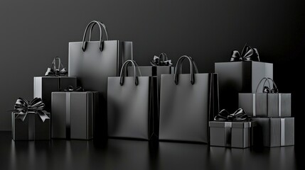 Black Friday background with glossy black shopping bags and gift boxes with metallic ribbon accents