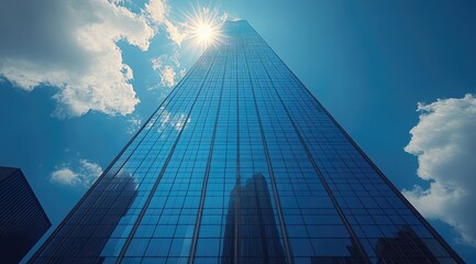 A modern skyscraper reaching towards the sun with a blue sky and white clouds above.