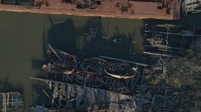 overhead aerial shot of Staten Island Boat Graveyard