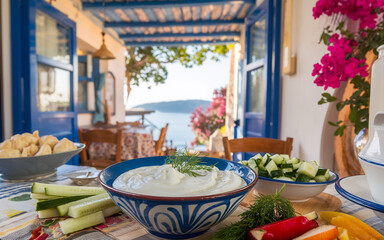 Fototapeta premium Traditional greek tzatziki sauce served with fresh vegetables and stunning sea view